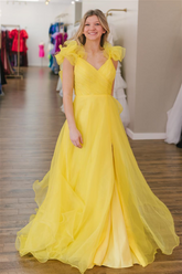 Surplice Ruffle Straps Tulle Long Prom Dress with Slit